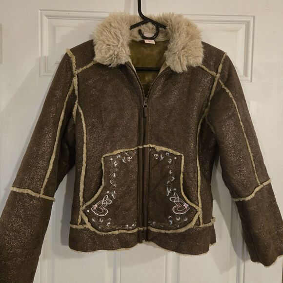 Vintage Y2K Faded Glory Girls Jacket 10/12 Brown Suede Glitter Embroidered Boho - Picture 1 of 6